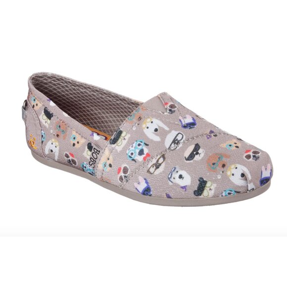 NWT BOBS FROM SKECHERS Womens Grey Plush Pups Smarts Dog Print Slip-ons Sz 5 - Picture 1 of 7